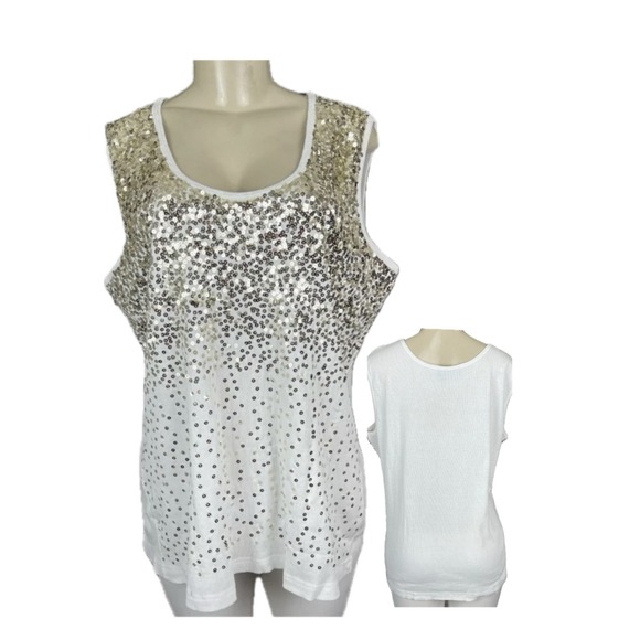 Roaman's Tops - Roaman's  22/24 White Ribbed Gold & Silver Sequin Front Scoop Neckline Tank Top